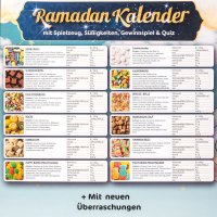 Eid Mubarak Kalender 2024 | Halal Mix Fruchtgummi 1 Kg | Mubarak Advent 30 Tage Countdown Kalender | mit Süßigkeiten, Spielzeug und Quiz für Kinder